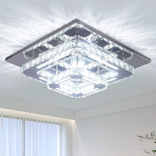 CXGLEAMING 12 Crystal Chandelier Ceiling Light Living Room Modern LED Light Fittings Ceiling Flush Mount Square Chandelier for Bedroom Bathroom Entryway Hallway Light Fixture,Cool White
