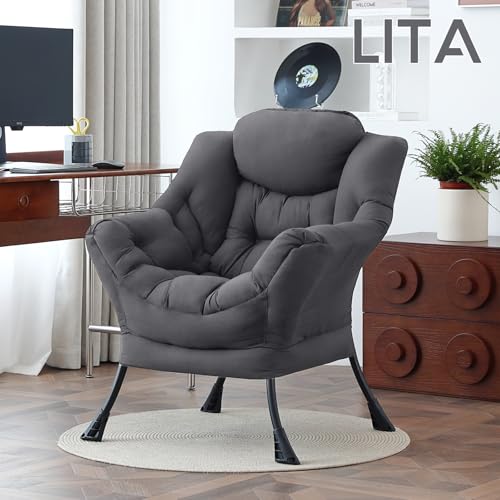 Image of LITA Lazy Chair with Armrests and Side Pocket, Modern Upholstered Accent Reading Chair for Living Room, Bedroom, Dorm, Small Spaces, Single Dark Grey
