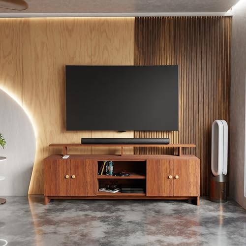 Image of Modern TV Unit for Living Room | Wooden TV Cabinet with Open Shelf & Storage | Entertainment Unit | Assembly-DIY | Color-Cherry Pine