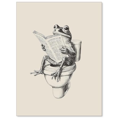 FuSatisYilife Quirky Bathroom Frog Poster Black and White Funny Animal Wall Art Frog on Toilet...