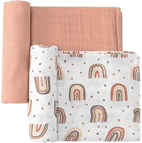Image of 2 Pack Muslin Swaddle Blankets - Soft Cotton Baby Swaddle Blankets Unisex for Boys & Girls Newborn - Rainbow Print Lightweight, Breathable, Large 47 x 47 inches
