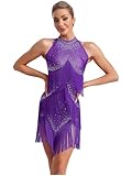 Yhong Vestido de baile latino para mujer, sin mangas, cuello alto, camiseta de baile latino, falda de samba, tango, disfraz de cóctel, morado, XL