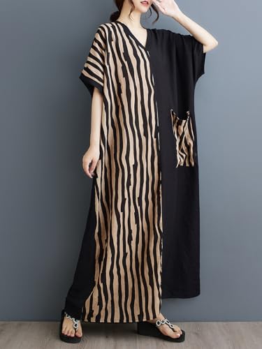Women Plus Size Summer Dress Black & Brown Striped Patchwork Maxi Dress with Pockets Casual Loose Robe3