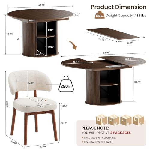 Image of MALOL 47 inch-63 inch Extendable Round to Oval Dining Room Table Chairs Set for 4-8, Modern Wooden Kitchen Table and Chairs with Hidden Storage and Fluted Design for Dining Room /Small Space(Walnut and Beige)