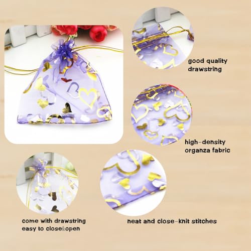 Image of QIANHAILIZZ 100 pcs 3.5 x 4.7 Inch Flower Heart Organza Jewelry Gift Pouch Candy Pouch Drawstring Wedding Favor Bags X92 (lilac gold heart)