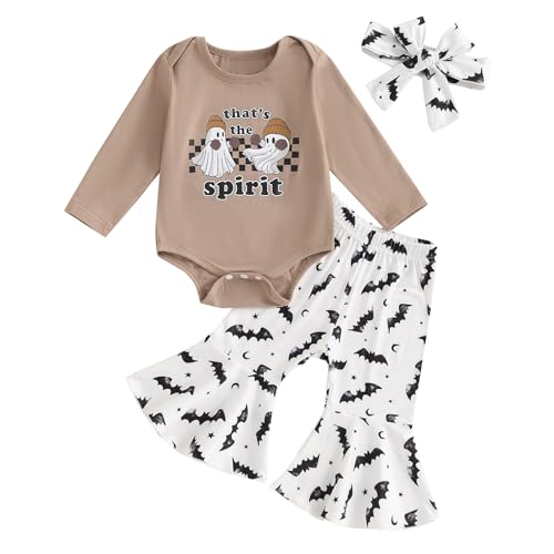 Image of Cevoerf Newborn Baby Girl Halloween Outfits Letter Print Romper Shirts Bodysuit Ghost Pumpkin Bell Bottom Pants Headband