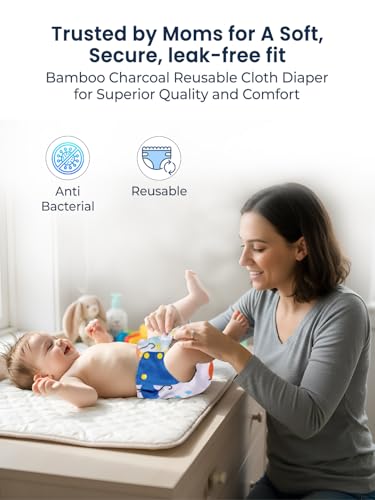 Image of POLKA TOTS Reusable Cloth Diapers for Babies | Adjustable Leak-Proof Cotton Nappies | High Absorbent & Washable Diaper with Leak-Proof Cover & 5-Layer Bamboo Charcoal Insert for Newborns (0-24 Months)