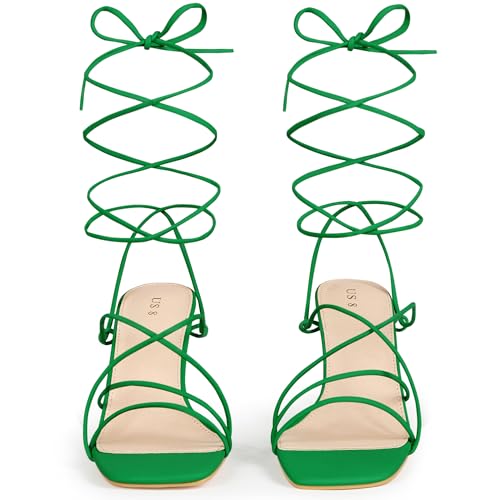 Perphy Women's Chunky Heel Wrap Up Strappy Heel Sandals with Square Toe