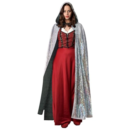 AYBUY Silber Umhang, Vampir Umhang mit Kapuze Lange Cape, Vampir Kostüm, Umhang Mittelalter für Halloween Weihnachten Karneval Kostüm, 150cm