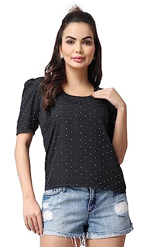 Image of POPWINGS Casual Printed Puff Sleeves Round Neck Top for Women || Stylish Summer Tops for Women || Hip-Length Women Top