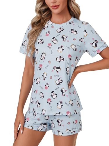 Image of LYANER Pajama Set for Women 2 Piece Lounge Set Striped Crew neck Short Sleeve Tops and Shorts Soft Sleepwear