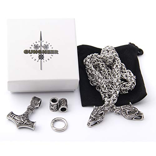 GUNGNEER Thor Hammer Pendant Viking Mjolnir Necklace for Men with Wolf Head King Chain, Stainless Steel, 2 Rune Beads Gift2