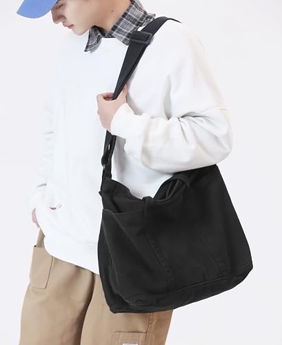 Image of Cotton Tote Handbag Women Canvas Crossbody Beach Bag Hobo Shoulder Tote Bag with 3 External Pocket,Zipper Closure