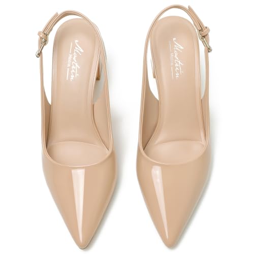 Image of Mostrin Kitten Heels for Women Pointed Toe Pumps Patent Leather Low Heel Slingback Heels with Buckle Dress Shoes for Dating Party Working
