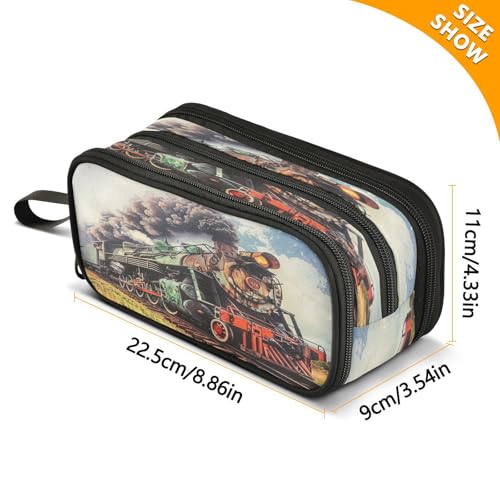 Image of Caikeny Pencil Case Steam Train Railway Station Pen Bag Truck Large Capacity Pencil Box Pen Pouch with Zipper Cosmetic Organizer for Kids Teens Adults
