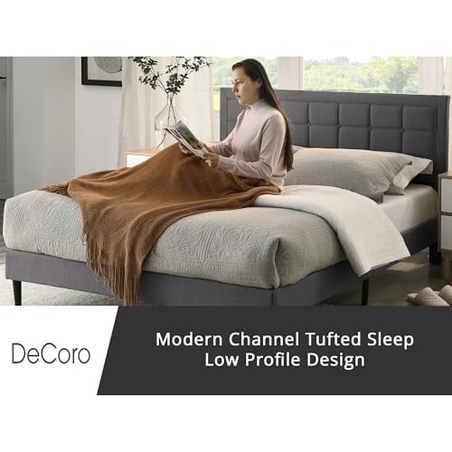 Image of Decoro Mornington Upholstered 2.0 Platform Bed, Button-Tufted Fabric Headboard and Metal Frame with Wood Slat Support, Light Grey, Full