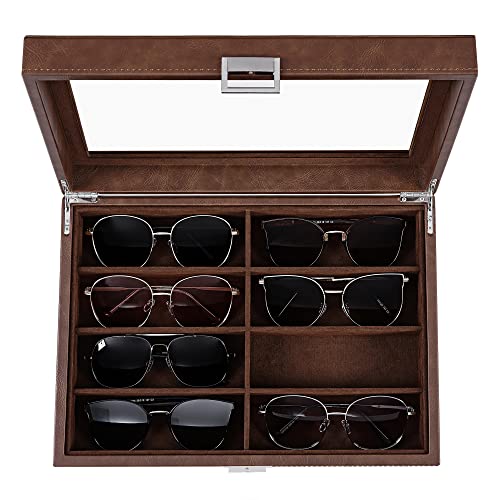 Bewishome Sunglasses Organizer, 8 Slot Sunglasses Case For Men, Eyeglasses Storage Box With Clear Glass Top, Faux Leather, Brown Ssh38Z #TOP4