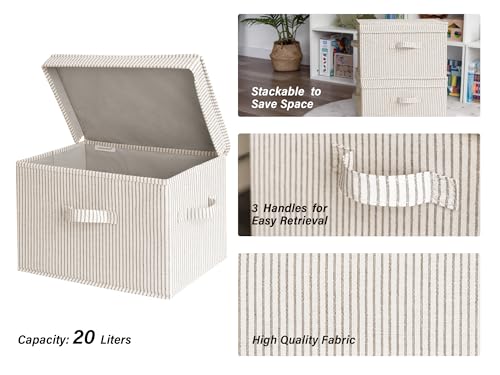 Image of StorageWorks Fabric Storage Bins with Lid, Decorative Storage Boxes for Shelves, Stackable Closet Organizer Basket with Handles, Large, Khaki and Beige Stripes, 2-Pack