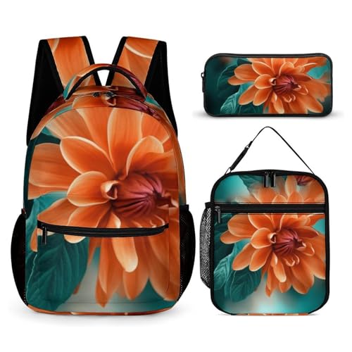 Teal And Flower Backpack Set 3 Piece, Durable Backpack Insulated Lunch Bag Portable Pencil Case for Men Women