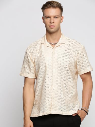 Image of SHOWOFFFF Men Solid Crochet Casual Shirt | Cuban Collar Half Sleeves Cotton Shirt for Mens | Relaxed Fit Regular Length Shirt for Men's