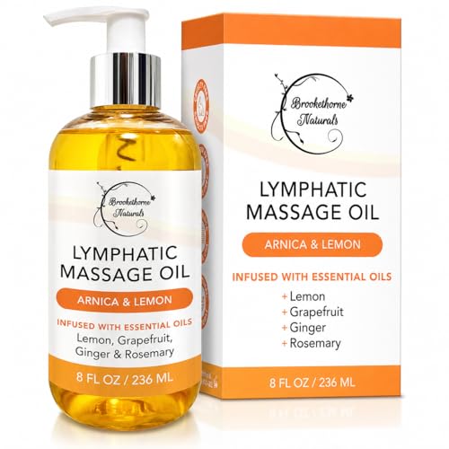 Lymphatic Massage Oil for Massage Therapy | 100% Natural Lymphatic Drainage Oil | Premium Quality with Arnica Lemon & Ginger | for Post Surgery Recovery & Detox | 8oz by Brookethorne Naturals