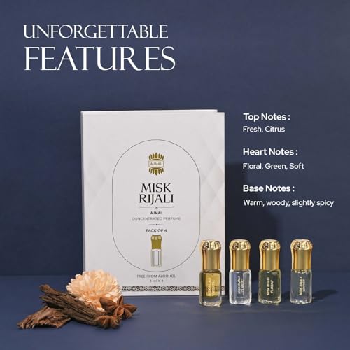 Image of Ajmal Assorted Misk Rijali Non-Alcoholic Luxury Attar Perfumes Gift Set | For Men & Women | Long Lasting, Unisex, Royal Fragrance | Perfect For Gifting | 3ml Each, Pack Of 4