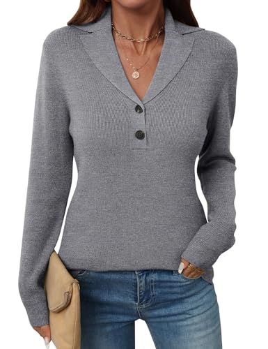 Image of LOMON Sweaters for Women 2025 Fall Knitted V-Neck Collared Button Pullover Dressy Casual Long Sleeve Polo Shirts Business