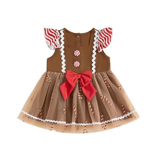 Toddler Baby Girl Christmas Outfit Gingerbread Man Dress Square Neck Fly Sleeve Bow A-Line Tulle Tutu Dress Clothes