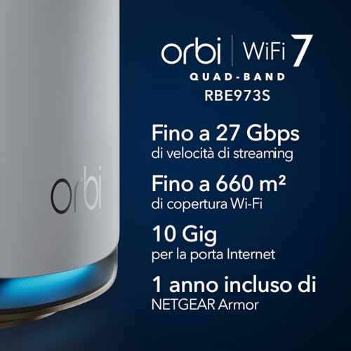 WiFi 7 Orbi WiFi Mesh quad-band serie 970 (RBE973S) router + 2 extender satellitari, funzioni di sicurezza, fino a 27 Gbps, copre 660 m2, 200 dispositivi, porta Internet da 10 GB - Powerline - Immagine 1