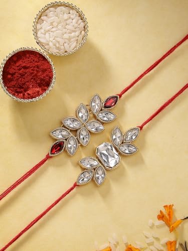 Image of Sukkhi Elegant Kundan Designer Gold Plated Premium Rakhi for Brother, Roli Chawal & Greeting Card | Combo-Set of 2