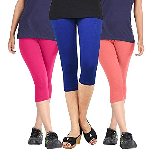 Premium Cotton Strachable Women's Casual/Gym/Sports 3/4th Capri,Free Size, Pack of 3 Capris-image-28