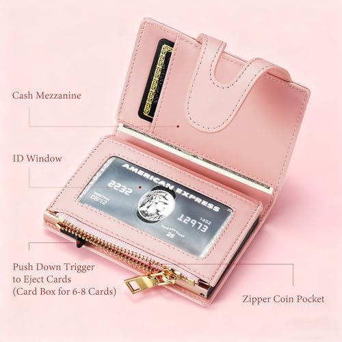 Image of furid Small Card Wallet Women: Rfid Leather Smart Pop Up Wallets, Cherry Pink, minimalist wallet, Bifold | Ladies Mini Card Holder Slim Minimalist with Zipper Coin Pocket ID Window - Gifts for Wife Mother on Anniversary Birthday