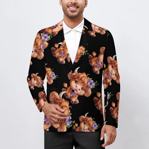 Highland Cow With Purple Flowers Scottish Farm Mens Casual Blazer Button Suit Jacket Lightweight Sport Coat for Work Business2