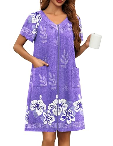 Image of Ekouaer Women Robe Zipper Front Mumu Duster Robes Zip Up Housecoat Soft Sleepwear with Pockets