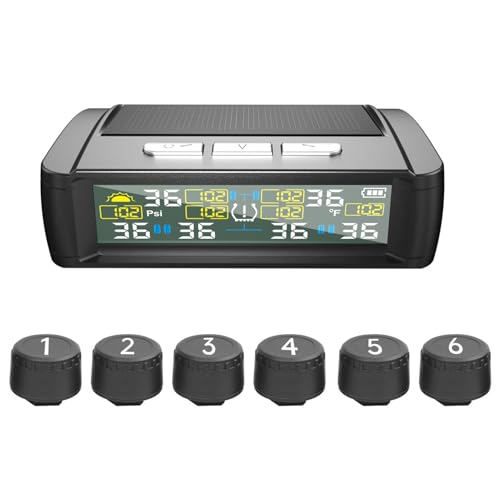 Shkalacar Système de Surveillance de la Pression des pneus à énergie Solaire,Moniteur de Pression pneus sans Fil avec 6 capteurs externes,Affichage en Temps réel de la température et de la Pression