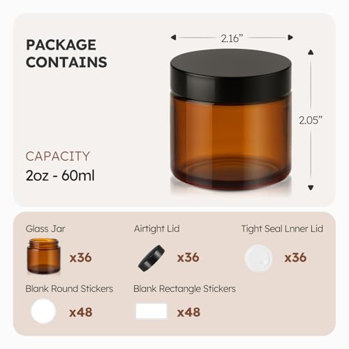 2 oz Glass Jars with Lids, 36 Pack Amber Small Glass Jars with Black Lids Leakproof Round Airtight Empty Cosmetic Travel Containers with Inner Liners For Lotions Powders and Candle Making3
