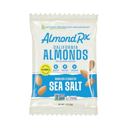 Image of AlmondRx | Heart Healthy Skinless Lightly Salted California Almond Snack Packs | Fortified with Vitamin D | Plant Protein | Keto | Vegan | No Sugar Added (6 Pack, Sea Salt)