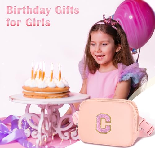 Image of COSHAYSOO Valentines Birthday Initial Gifts for Teen Girls 5 6 7 8 9 10 11 12 13 14 Year Old Pink Fanny Pack for Girls Belt Bag Crossbody Travel Purse Unique Trendy Girly Stuff Chenille Letter C