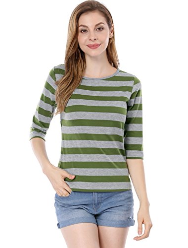 Allegra K Women's Elbow Sleeves Top Round Neck Slim Fit Tee Casual Printed T-Shirt Small Green #TOP1