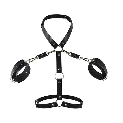 Leder Harness Damen Body mit Handschellen Punk Bondage Brust Geschirr Halsband für Frauen SM Bettfesseln Sexy Unterwäsche Dessous Handfesseln Handcuffs SexSpielzeug Bondage Set Fesselset für Frauen