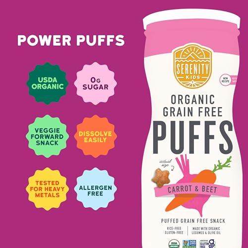 Image of Serenity Kids Organic Baby Food Puffs, No Added Sugar, Grain Free, 1.5 Oz | Savory Not Sweet, Skip Rice & Wheat, Veggie & Legume Blend, Organic Olive Oil, Organic Toddler Snacks, For Toddlers 1-3