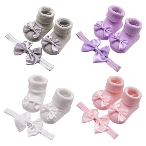 4-Pack Baby Girl Headbands & Socks Set – Newborn Photography Props (3-12 Months)