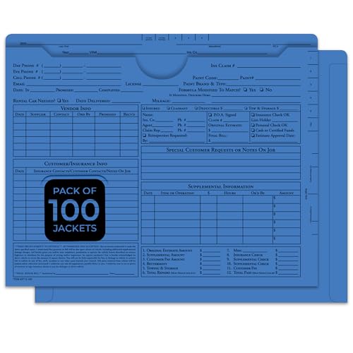 Ultra Heavy Duty Body Shop Jackets – Blue Pre-Printed Automotive Deal Jackets for Car Dealerships, Auto Repair Shops & Service Centers – 150# Stock (11 Pt.) File Jackets – 11.75" × 9.5" – Pack of 100