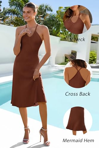 Image of Arach&Cloz Women's Knit Adjustable Halter V Neck Summer Vacation Dress 2025
