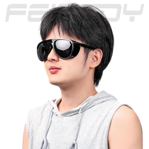FEISEDY Polarized Aviator Sunglasses Men Women Oversized Round Steampunk Sunglasses Side Shield Goggles B00953