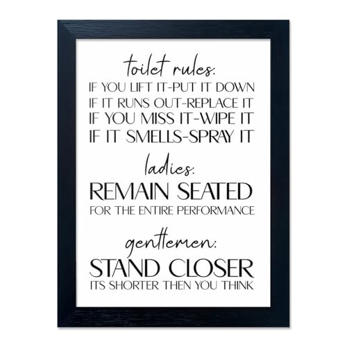 Framed Bathroom Signs Funny Toilet Rules Quote Canvas Wall Art Black and White Bathroom Picture Wall Decor Humor Print Painting Artwork for Washroom Restroom Guest Room Decor