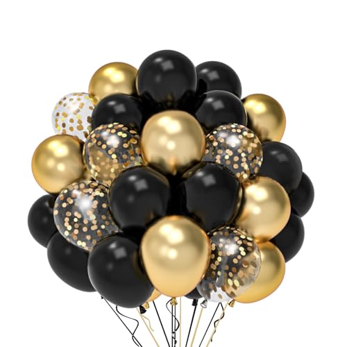 Ballons Noir Et Or Anniversaire, 52 Pièces 12 poucesBallon Baudruche Noir Doré, Ballon Helium Transparent Avec Confettis Or Pour Deco Garçon Homme...