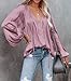 LAMISSCHE Womens Sexy Deep V Neck Blouse Lantern Long Sleeve Chiffon Shirt Oversized Drawstring Silk Satin Tunic(Pink,XL)