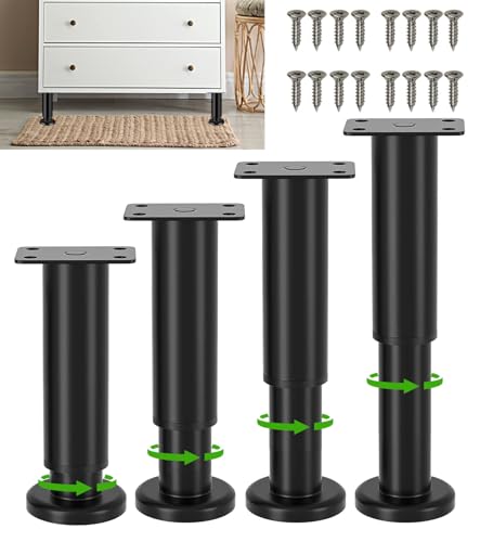 4 PCS Pies Ajustables para Muebles 8-12CM,Patas Extensibles,Patas de Mueble Negras Patas para Muebles Regulables para Armarios Mesillas de Noche Camas Mueble TV Sofá Silla Cuarto de Baño Estantería