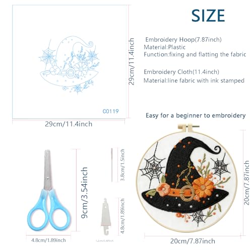 Image of Zhenqing Halloween Witch Hat Embroidery Kit for Beginners, Black Witch Hat Needlework Kit with Pre-Printed Cotton Fabric, Hoop, Threads & Tools, Spooky Fall Decor (C0119)